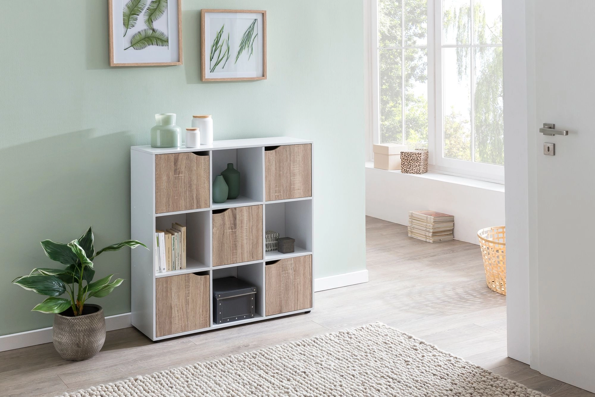 FineBuy Standregal MASSA 89 x 91 x 29 cm Bücherregal mit 9 Fächern Sonoma, Sideboard mit 5 Türen, Modernes Würfelregal Raumteiler, Flurschrank offen, Cuberegal Kommode Wohnregal