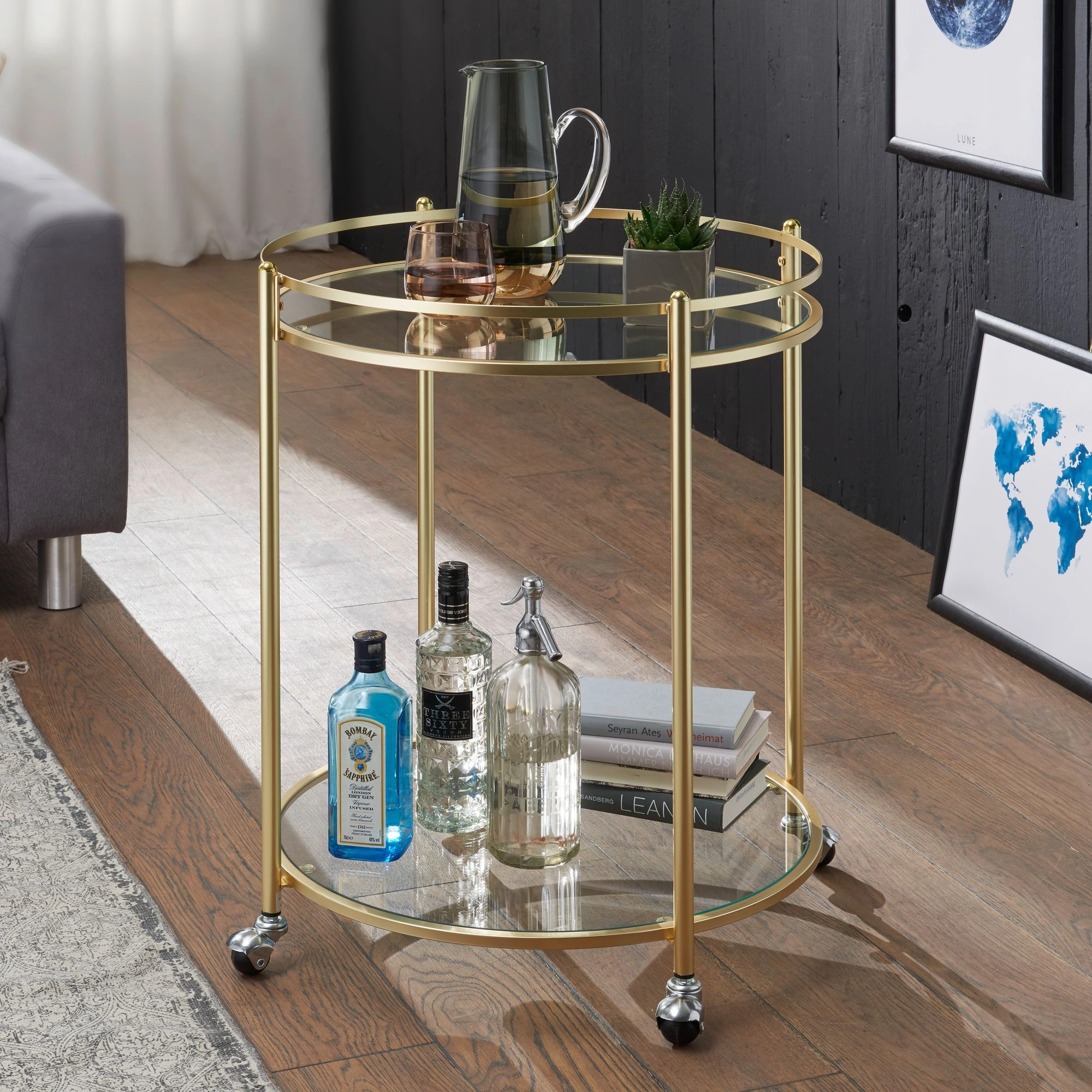 FineBuy Design Servierwagen Gold Ø 57 cm Beistelltisch, Teewagen Metall mit Rollen, Küchenwagen mit Glasplatten, Barwagen rund 75 cm hoch, Küchentrolley modern, Rollwagen