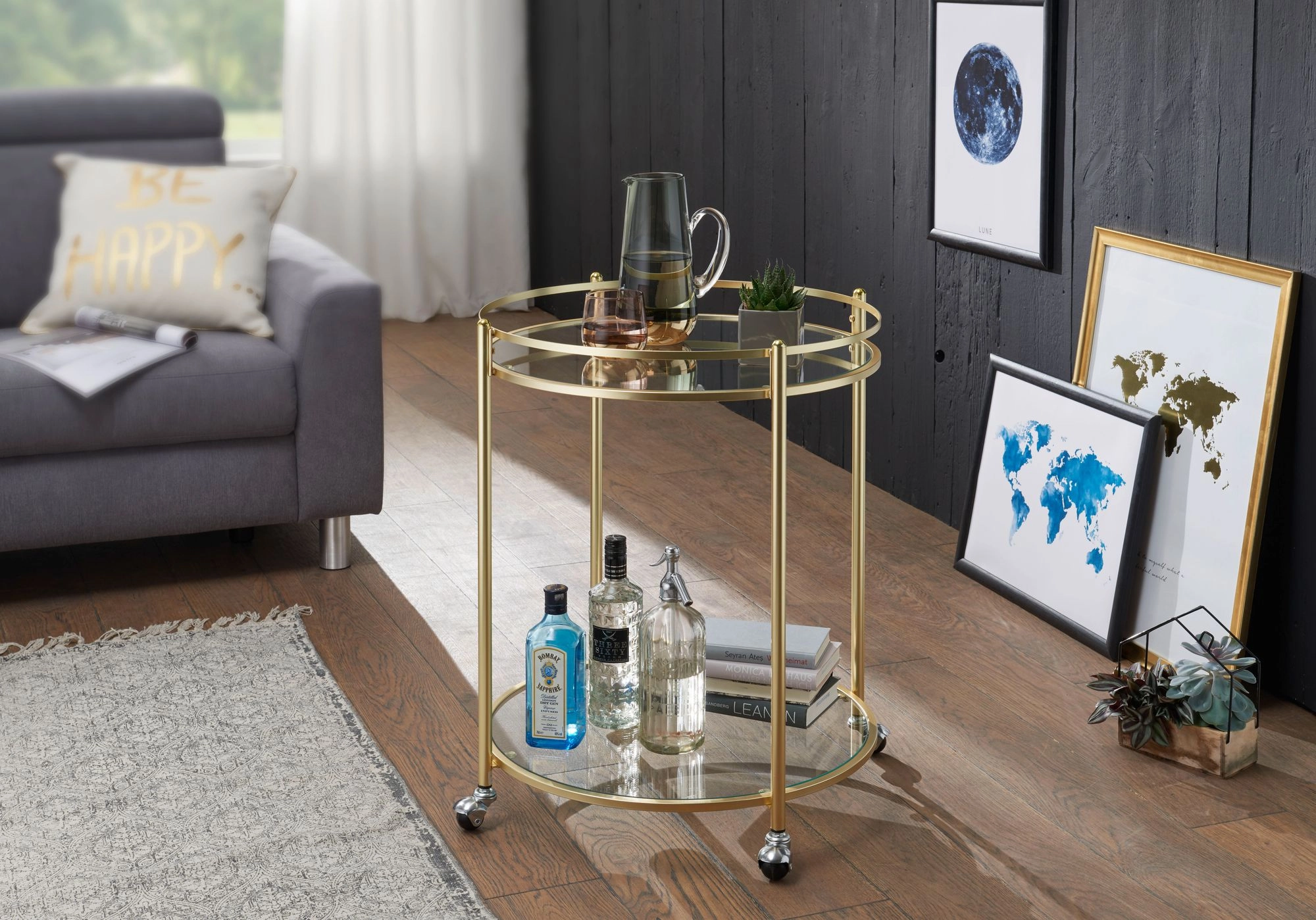 FineBuy Design Servierwagen Gold Ø 57 cm Beistelltisch, Teewagen Metall mit Rollen, Küchenwagen mit Glasplatten, Barwagen rund 75 cm hoch, Küchentrolley modern, Rollwagen