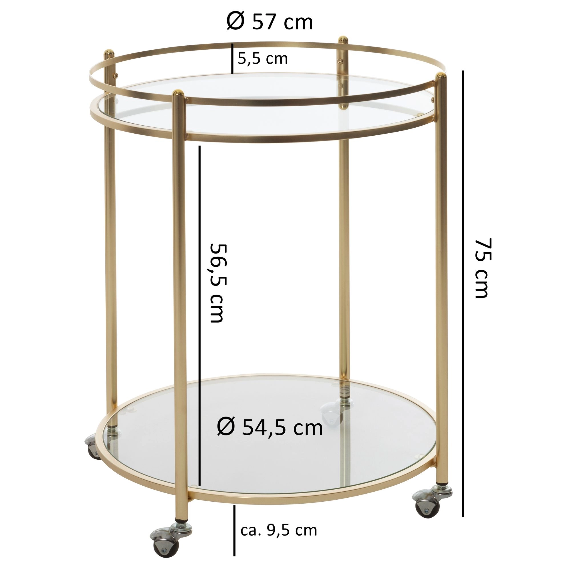 FineBuy Design Servierwagen Gold Ø 57 cm Beistelltisch, Teewagen Metall mit Rollen, Küchenwagen mit Glasplatten, Barwagen rund 75 cm hoch, Küchentrolley modern, Rollwagen