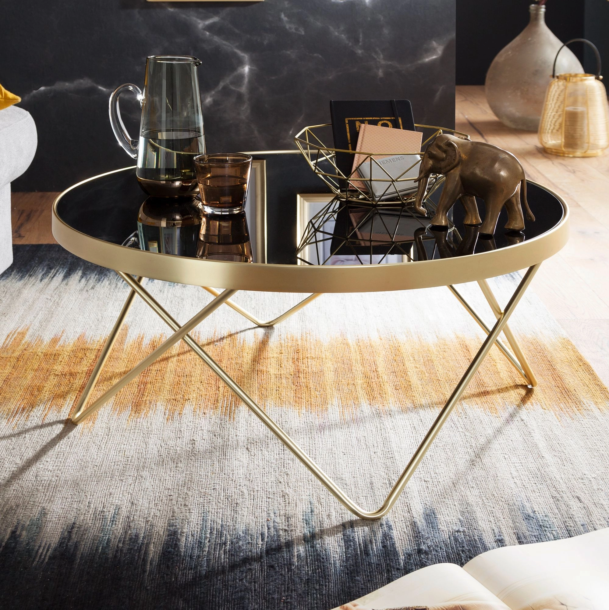 FineBuy Design Couchtisch Ø 82 cm Schwarz matt Gold Beistelltisch Metall / Glas, Tisch mit Glasplatte, Ablagetisch modern, Großer Wohnzimmertisch, Glastisch mit Metallgestell