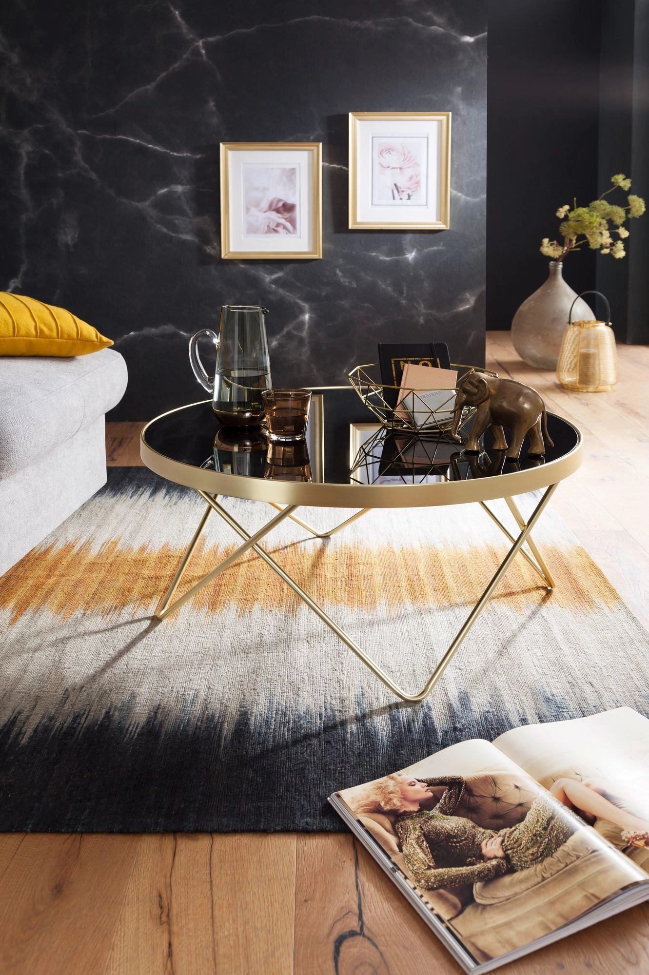 FineBuy Design Couchtisch Ø 82 cm Schwarz matt Gold Beistelltisch Metall / Glas, Tisch mit Glasplatte, Ablagetisch modern, Großer Wohnzimmertisch, Glastisch mit Metallgestell