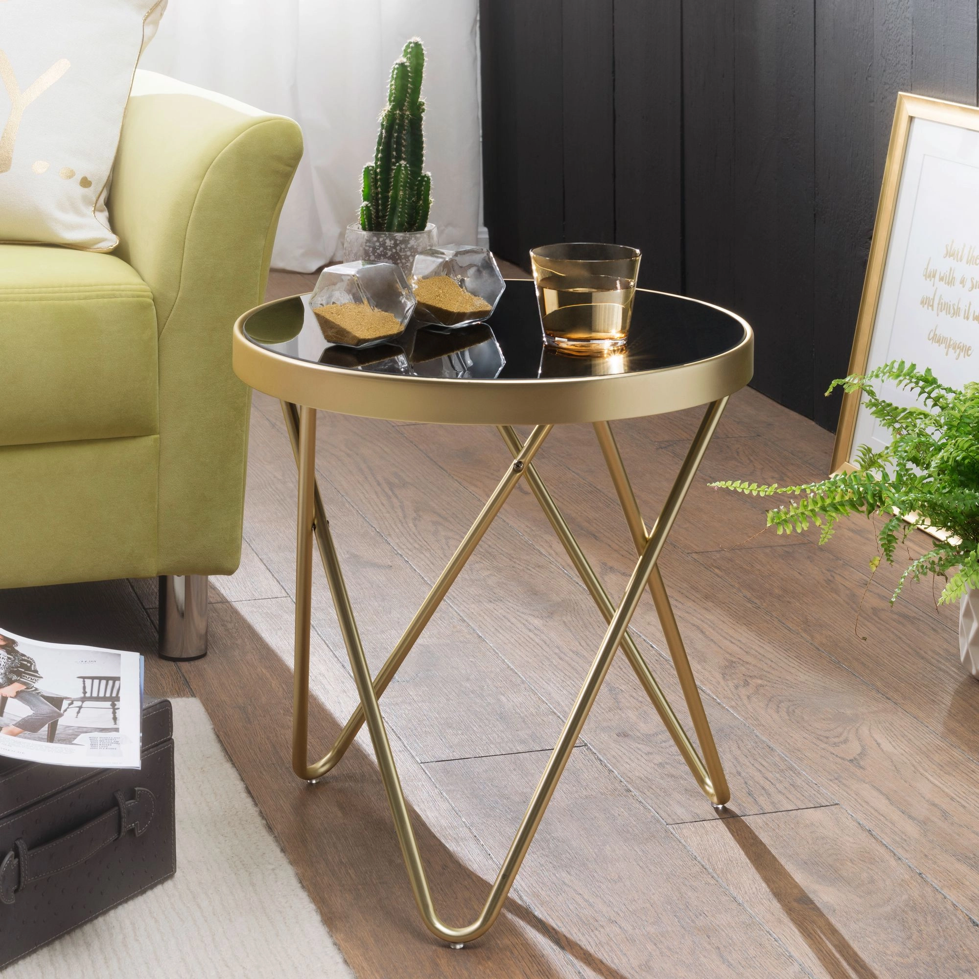 FineBuy Design Beistelltisch PARMA 42 x 46 x 42 cm rund schwarz / Couchtisch matt Gold, Designer Glas Wohnzimmertisch modern, Glastisch mit Metallgestell, Kleiner Sofatisch