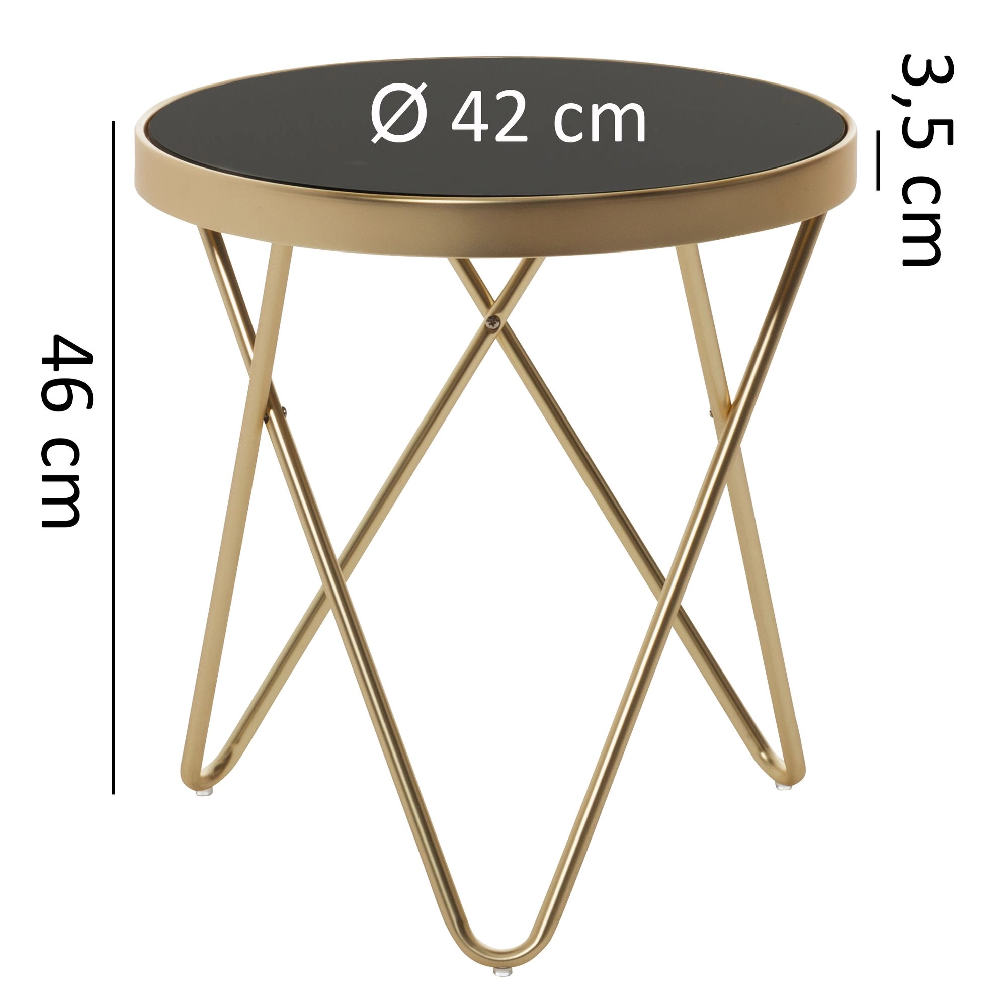 FineBuy Design Beistelltisch PARMA 42 x 46 x 42 cm rund schwarz / Couchtisch matt Gold, Designer Glas Wohnzimmertisch modern, Glastisch mit Metallgestell, Kleiner Sofatisch