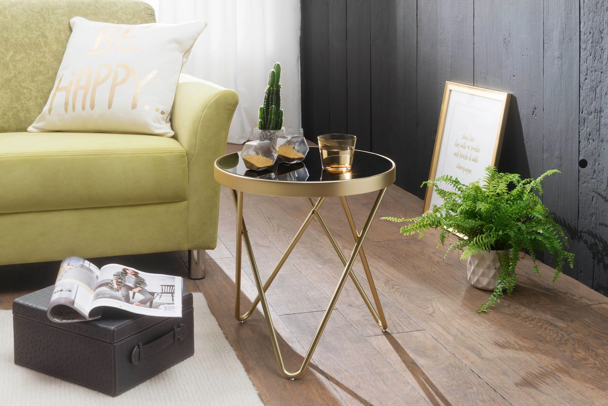 FineBuy Design Beistelltisch PARMA 42 x 46 x 42 cm rund schwarz / Couchtisch matt Gold, Designer Glas Wohnzimmertisch modern, Glastisch mit Metallgestell, Kleiner Sofatisch