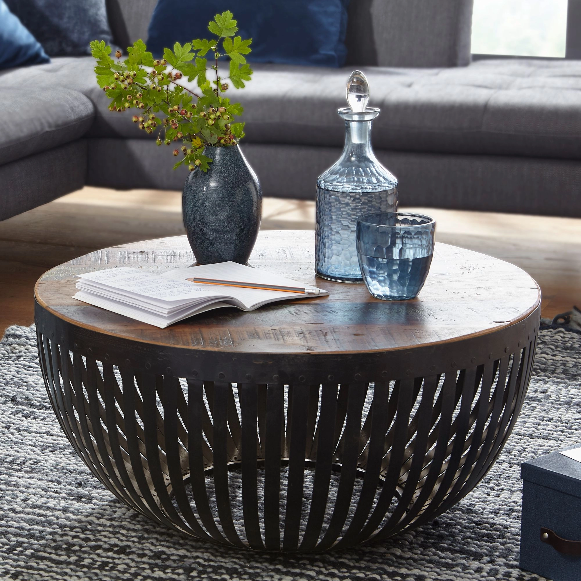 FineBuy Couchtisch 70x33x70 cm Holz / Metall Wohnzimmertisch Industrial, Clubtisch Tisch Wohnzimmer, Sofatisch mit Metallgestell, Loungetisch massiv, Design Stubentisch rund