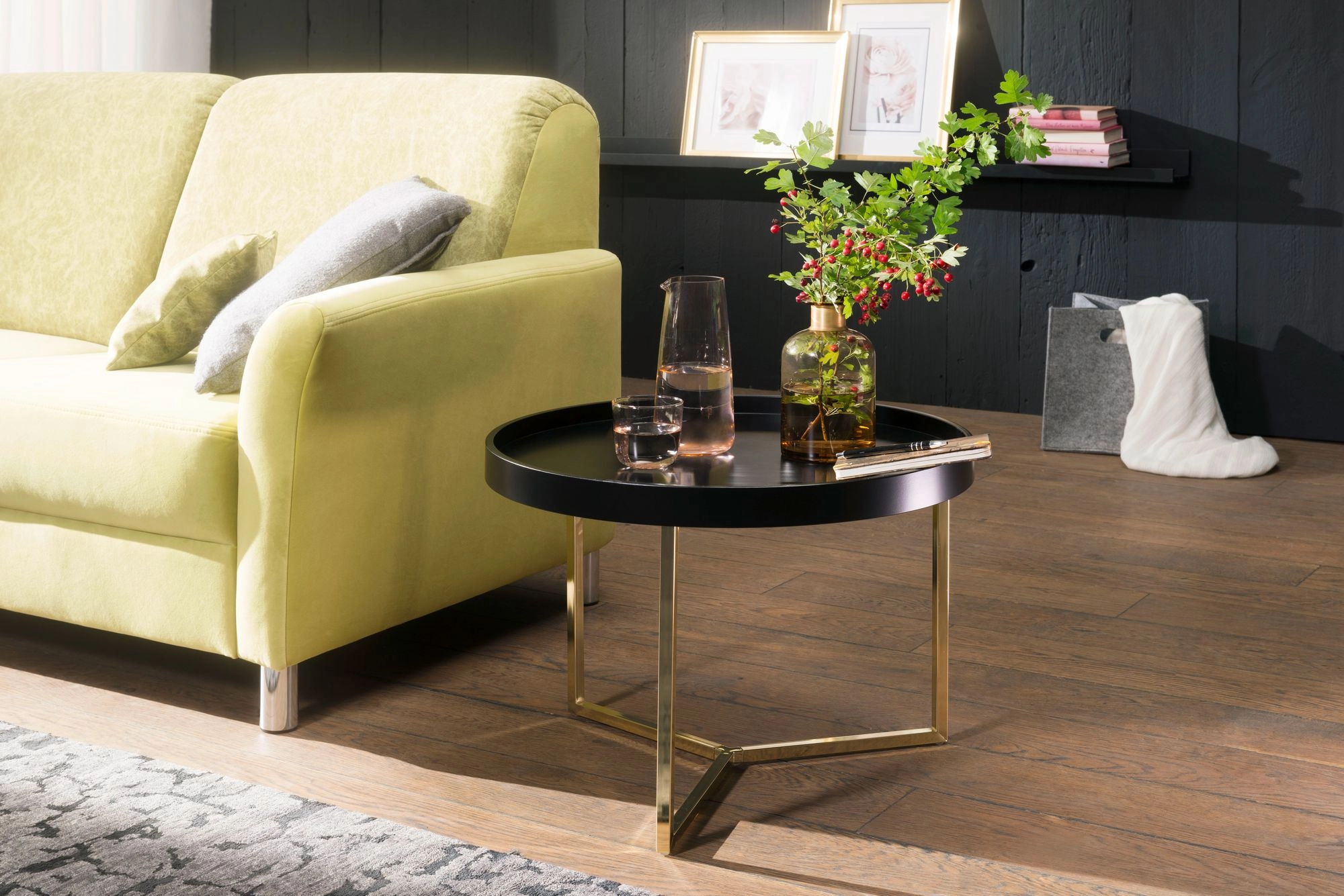 FineBuy Couchtisch 58,5x42x58,5cm Sofatisch Metall Rund, Designer Retro Wohnzimmertisch modern, Kleiner Loungetisch mit Metallgestell, Runder Tabletttisch mit Holz-Platte