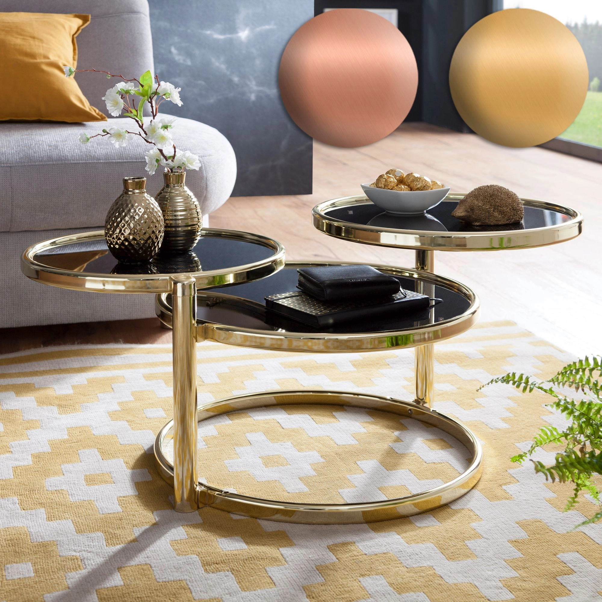 FineBuy Couchtisch mit 3 Tischplatten 58 x 43 x 58 cm, Beistelltisch rund, Design Wohnzimmertisch Glas / Metall, Designer Glastisch Sofatisch modern, Kleiner Loungetisch