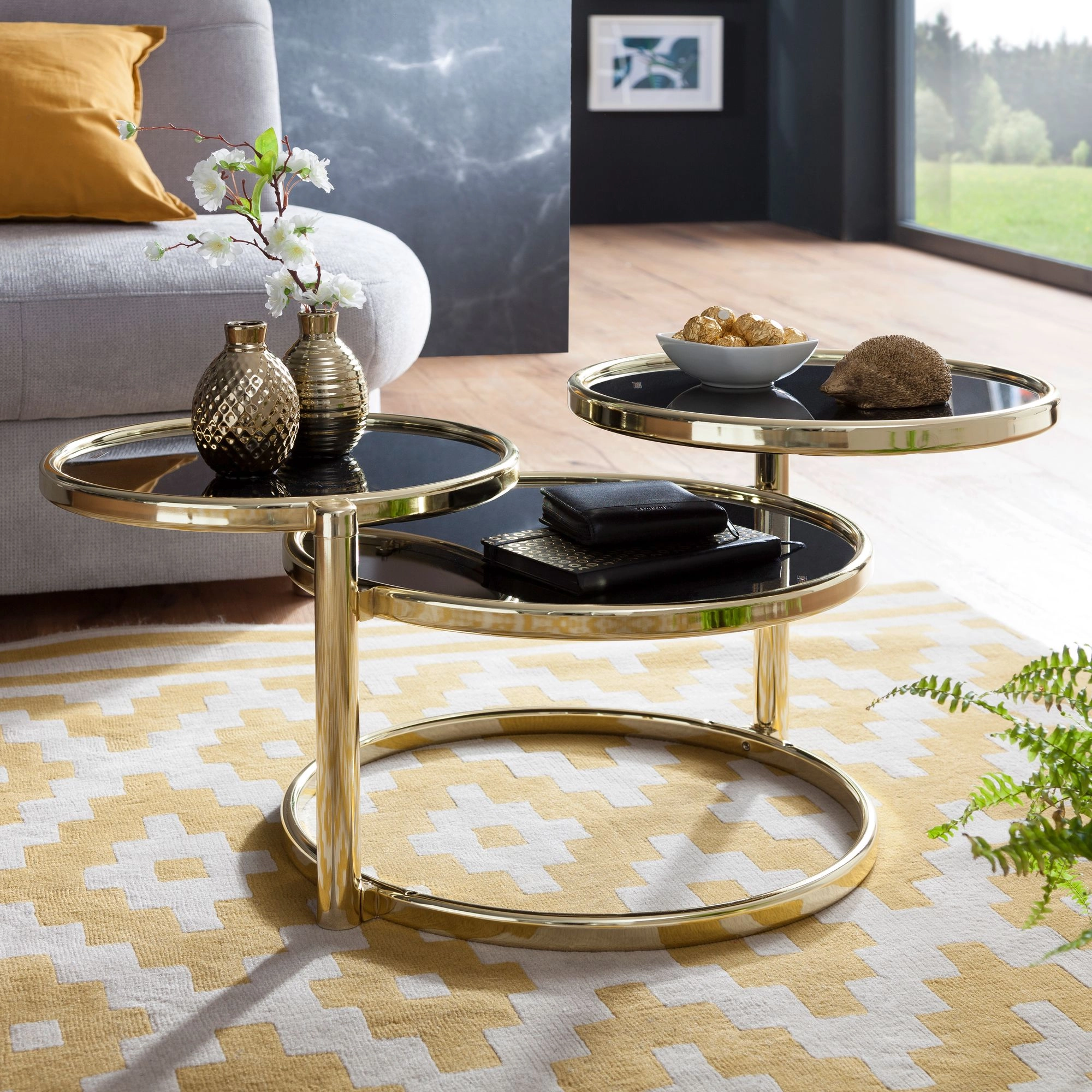 FineBuy Couchtisch mit 3 Tischplatten 58 x 43 x 58 cm, Beistelltisch rund, Design Wohnzimmertisch Glas / Metall, Designer Glastisch Sofatisch modern, Kleiner Loungetisch