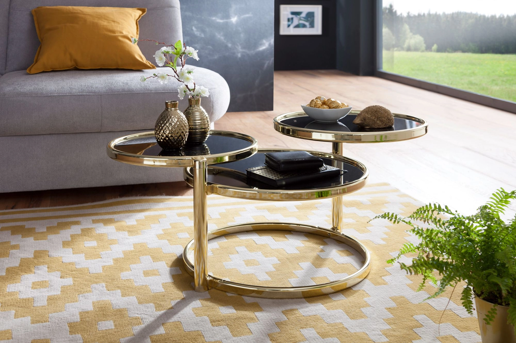 FineBuy Couchtisch mit 3 Tischplatten 58 x 43 x 58 cm, Beistelltisch rund, Design Wohnzimmertisch Glas / Metall, Designer Glastisch Sofatisch modern, Kleiner Loungetisch