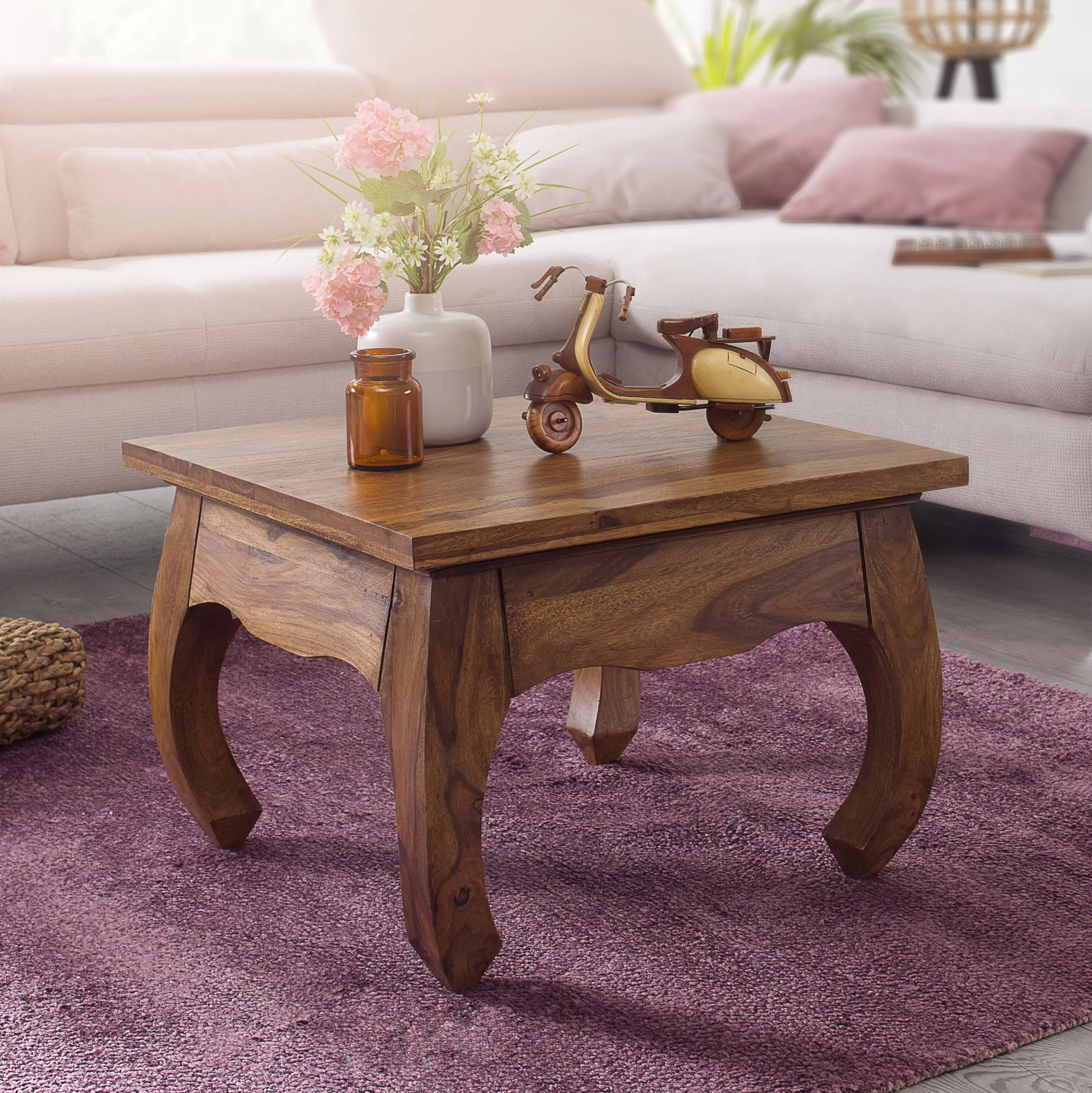 FineBuy Opium Couchtisch 60 x 40 x 60 cm Sheesham Massiv-Holz, Echtholz Wohnzimmertisch quadratisch braun, Stubentisch niedrig, Beistelltisch Sofatisch klein, Tisch Wohnzimmer