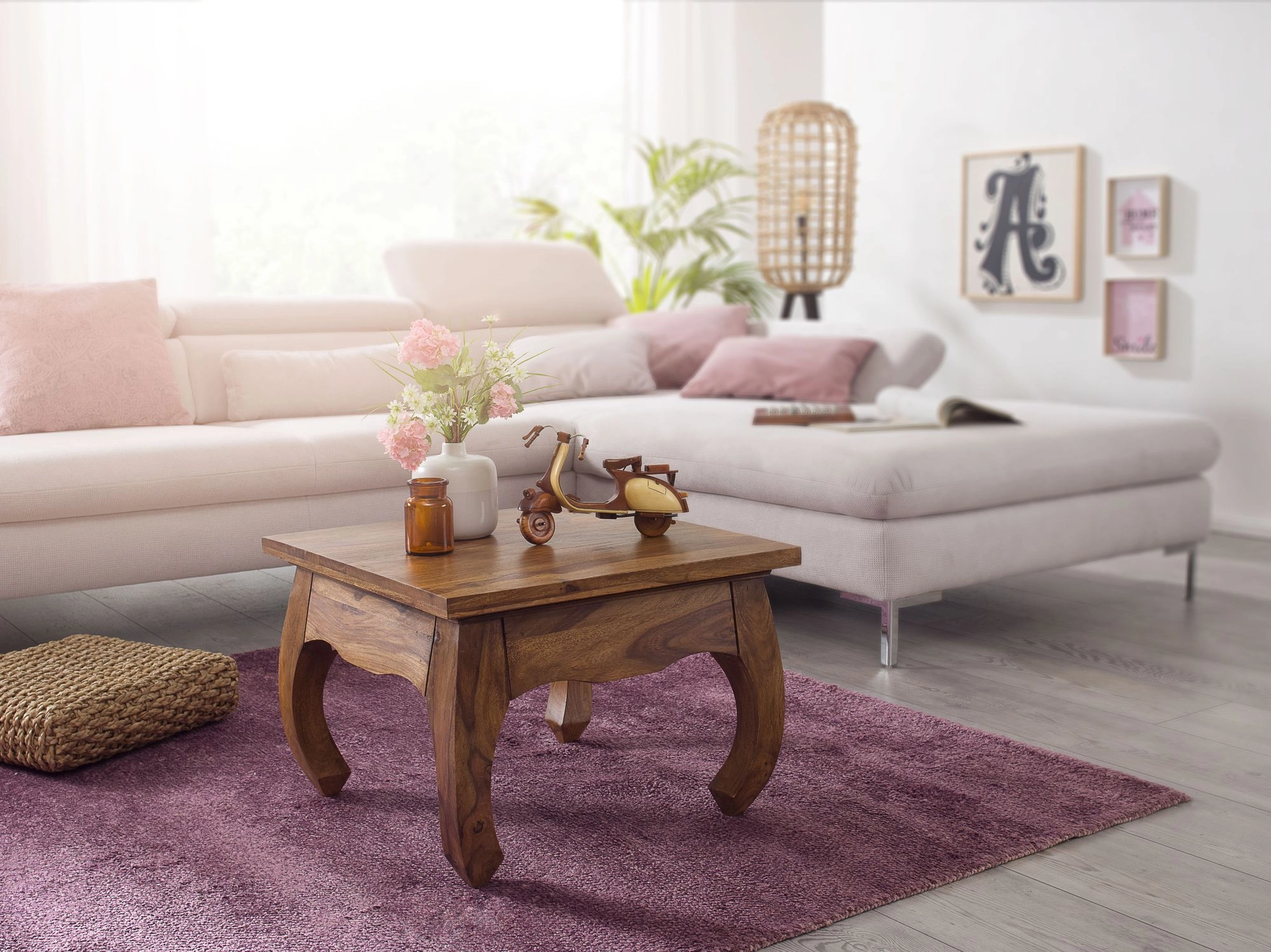 FineBuy Opium Couchtisch 60 x 40 x 60 cm Sheesham Massiv-Holz, Echtholz Wohnzimmertisch quadratisch braun, Stubentisch niedrig, Beistelltisch Sofatisch klein, Tisch Wohnzimmer