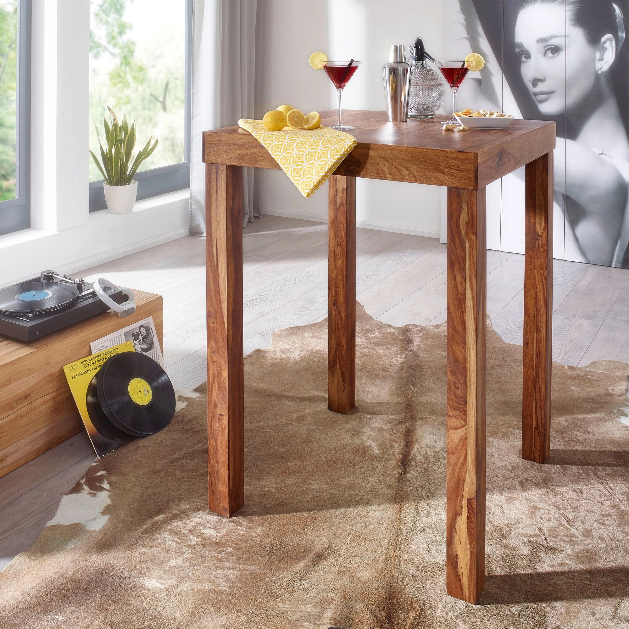 FineBuy Bartisch Massivholz Sheesham 80 x 80 x 110 cm Bistro-Tisch modern Landhaus-Stil Steh-Tisch quadratisch dunkel-braun Natur-Produkt Massiv-Holz-Möbel Hausbar Esstisch Echt-Holz unbehandelt