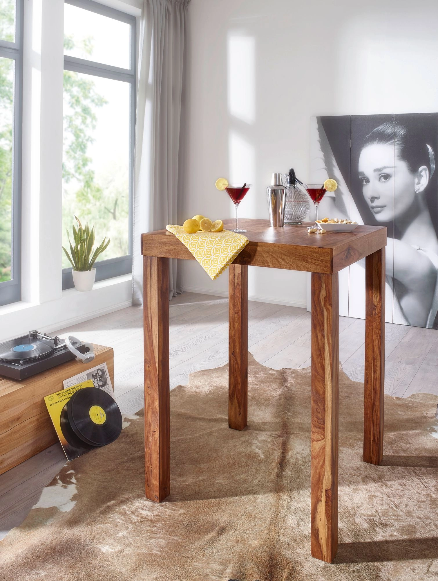 FineBuy Bartisch Massivholz Sheesham 80 x 80 x 110 cm Bistro-Tisch modern Landhaus-Stil Steh-Tisch quadratisch dunkel-braun Natur-Produkt Massiv-Holz-Möbel Hausbar Esstisch Echt-Holz unbehandelt