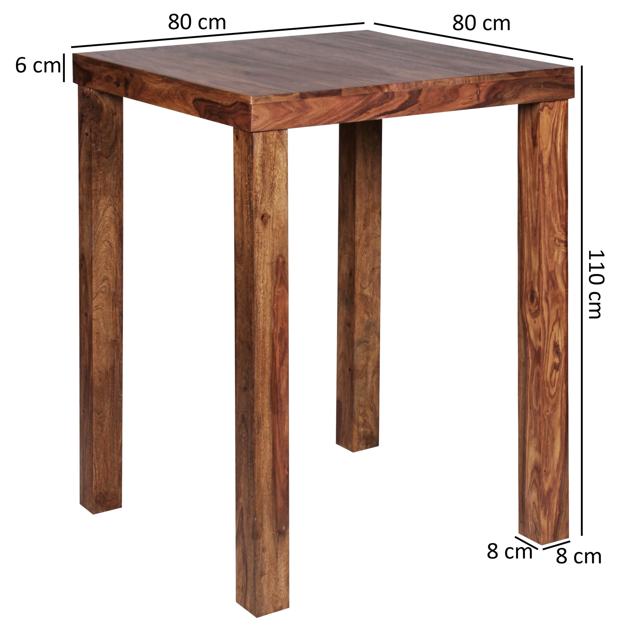 FineBuy Bartisch Massivholz Sheesham 80 x 80 x 110 cm Bistro-Tisch modern Landhaus-Stil Steh-Tisch quadratisch dunkel-braun Natur-Produkt Massiv-Holz-Möbel Hausbar Esstisch Echt-Holz unbehandelt