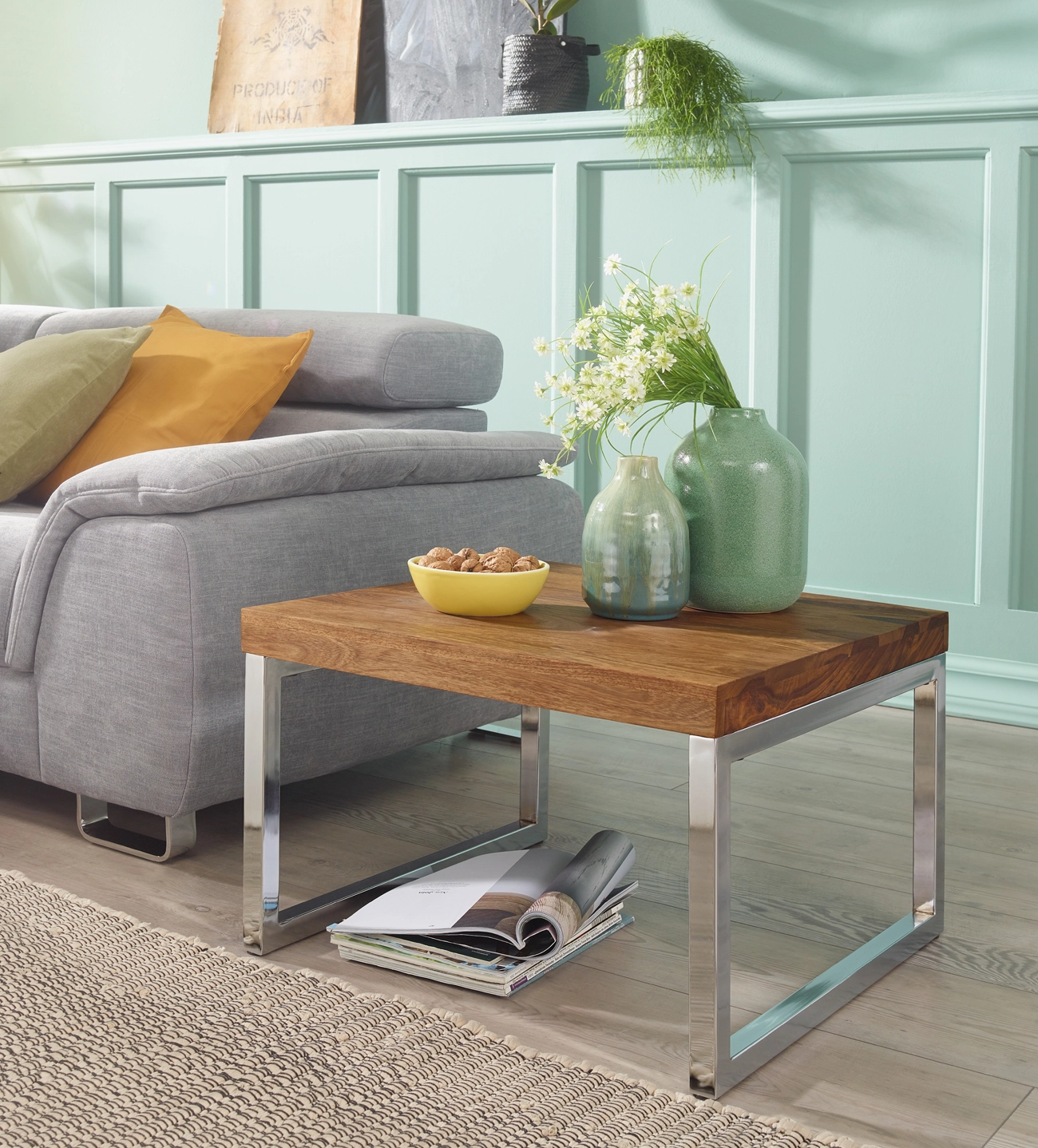 FineBuy Beistelltisch Massiv-Holz Sheesham Wohnzimmertisch mit Metallgestell Landhausstil Couchtisch braun Echtholz