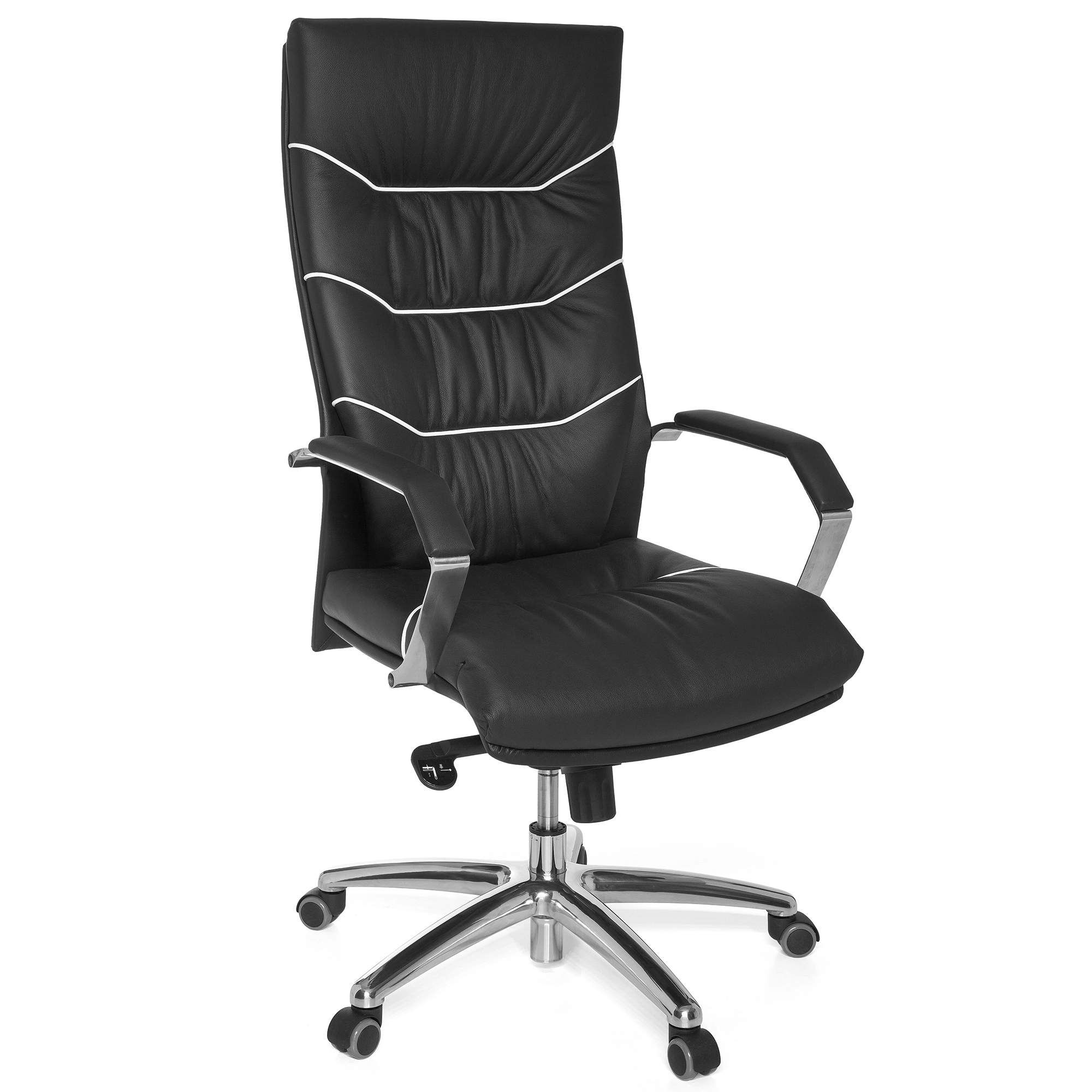 FineBuy Bürostuhl Echt-Leder schwarz Schreibtischstuhl, Chefsessel mit Kopfstütze & Multiblockmechanik, Design Drehstuhl verstellbar, Schreibtisch-Stuhl hohe Rückenlehne