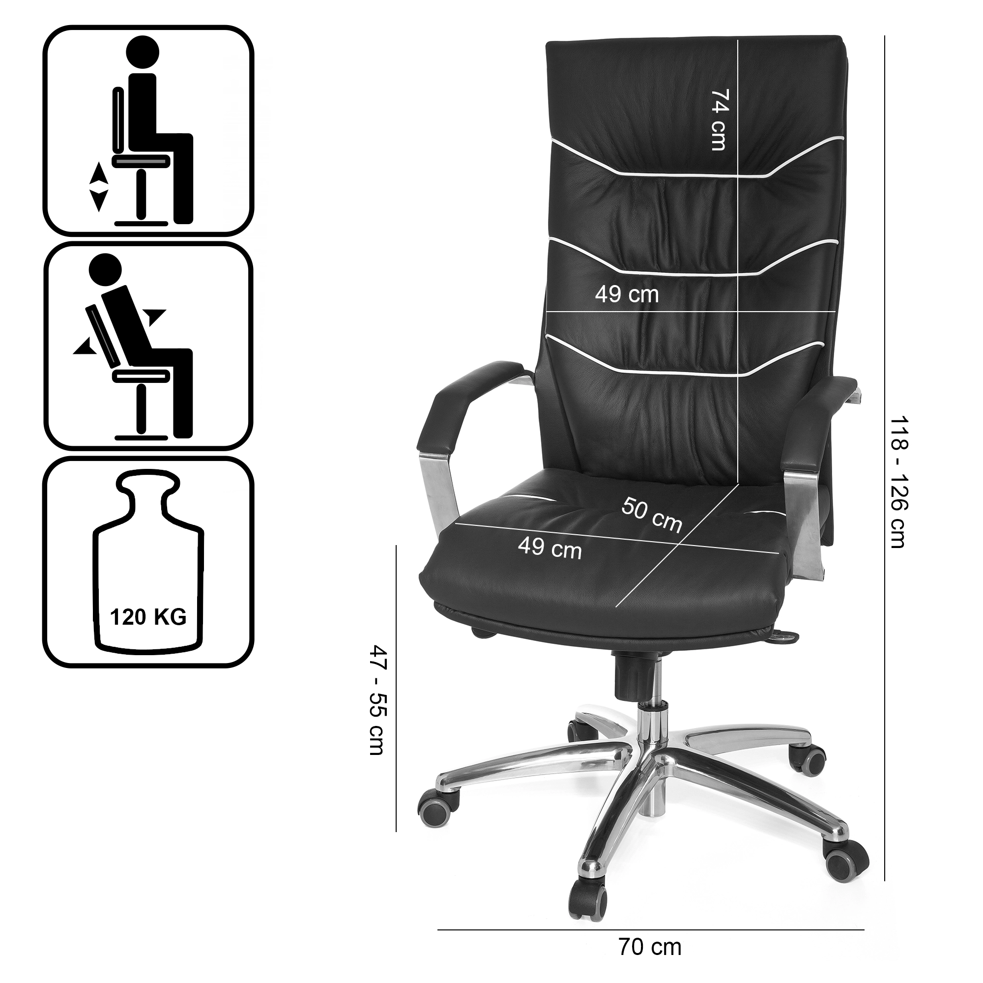 FineBuy Bürostuhl Echt-Leder schwarz Schreibtischstuhl, Chefsessel mit Kopfstütze & Multiblockmechanik, Design Drehstuhl verstellbar, Schreibtisch-Stuhl hohe Rückenlehne