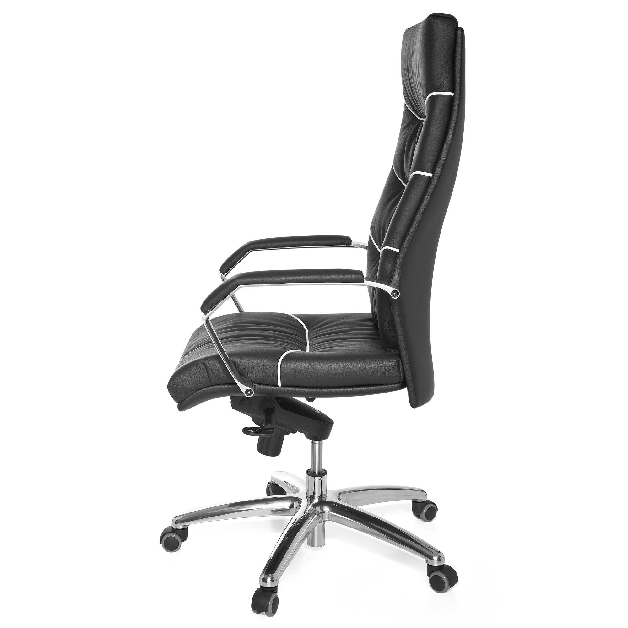 FineBuy Bürostuhl Echt-Leder schwarz Schreibtischstuhl, Chefsessel mit Kopfstütze & Multiblockmechanik, Design Drehstuhl verstellbar, Schreibtisch-Stuhl hohe Rückenlehne