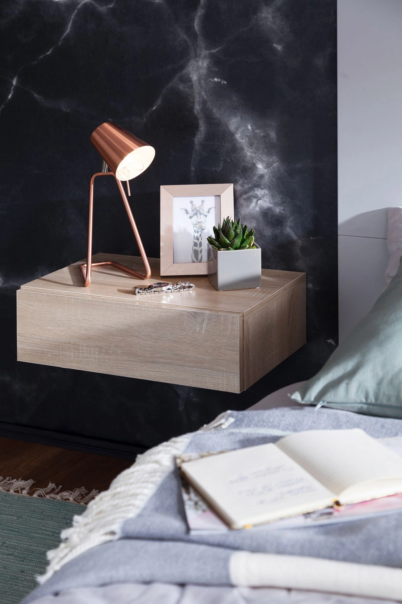 FineBuy Nachtkonsole ZADAR für Wandmontage 46x15x30cm Nachttisch Holz, Wandregal mit Schublade, Nachtschrank Wandboard für Boxspringbett schwebend, Wandkonsole Nachtkästchen hängend