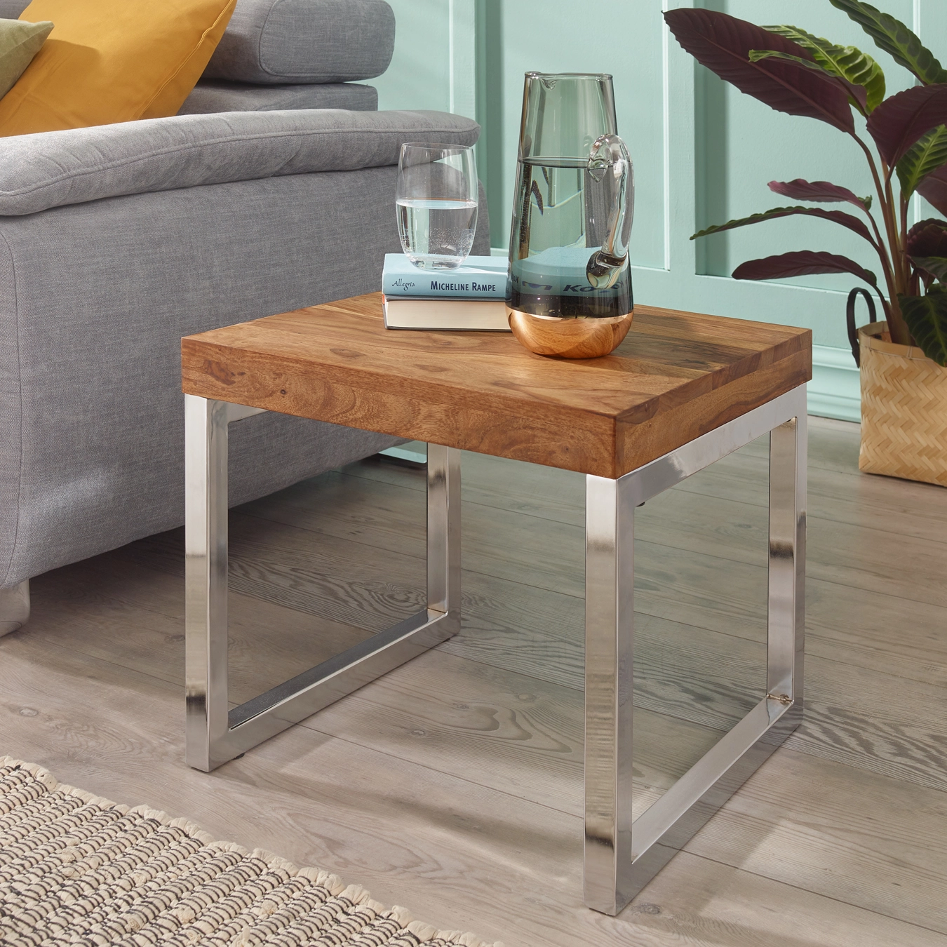 FineBuy Beistelltisch Massiv-Holz Sheesham Wohnzimmer-Tisch Metallgestell Couchtisch Landhaus-Stil dunkelbraun 45 cm Natur-Produkt Wohnzimmermöbel Unikat modern Massivholzmöbel Echtholz Anstelltisch