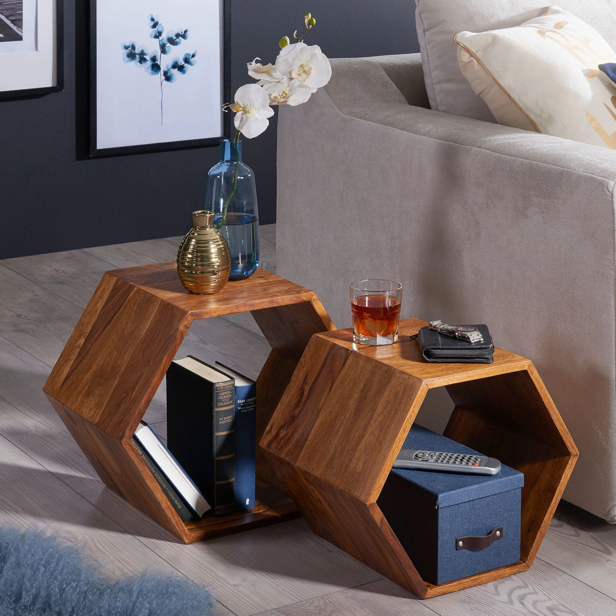 FineBuy Beistelltisch 2er Set Sheesham Massivholz Design Wohnzimmertisch, Couchtisch-Set massiv, Designer Satztisch Wohnzimmer, Kleiner Sofatisch Holz, Ablagetisch Sofa klein