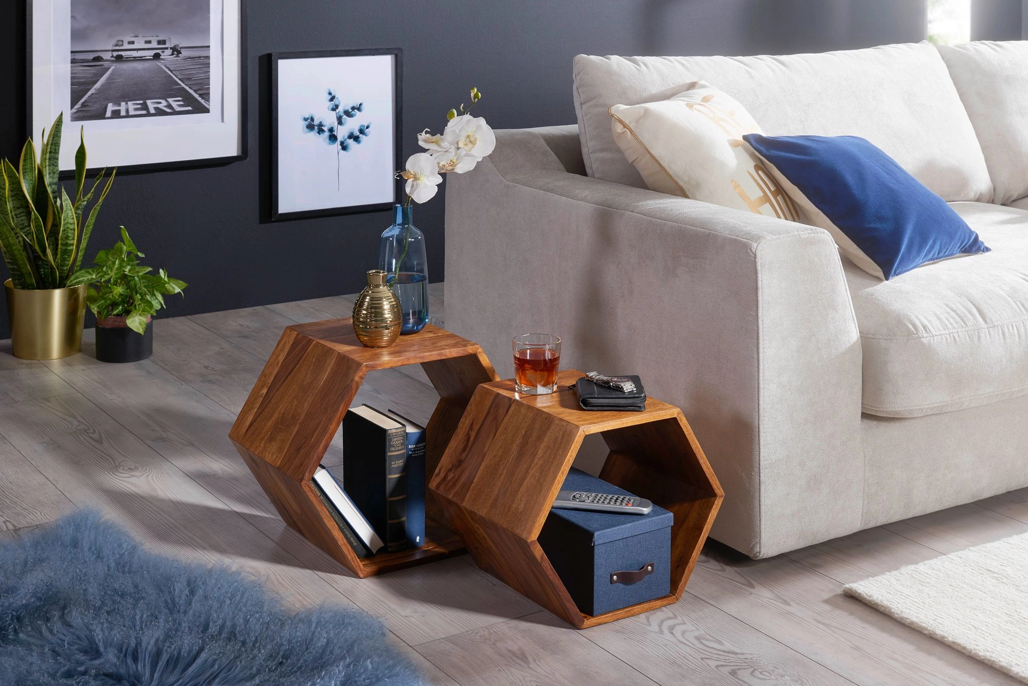 FineBuy Beistelltisch 2er Set Sheesham Massivholz Design Wohnzimmertisch, Couchtisch-Set massiv, Designer Satztisch Wohnzimmer, Kleiner Sofatisch Holz, Ablagetisch Sofa klein