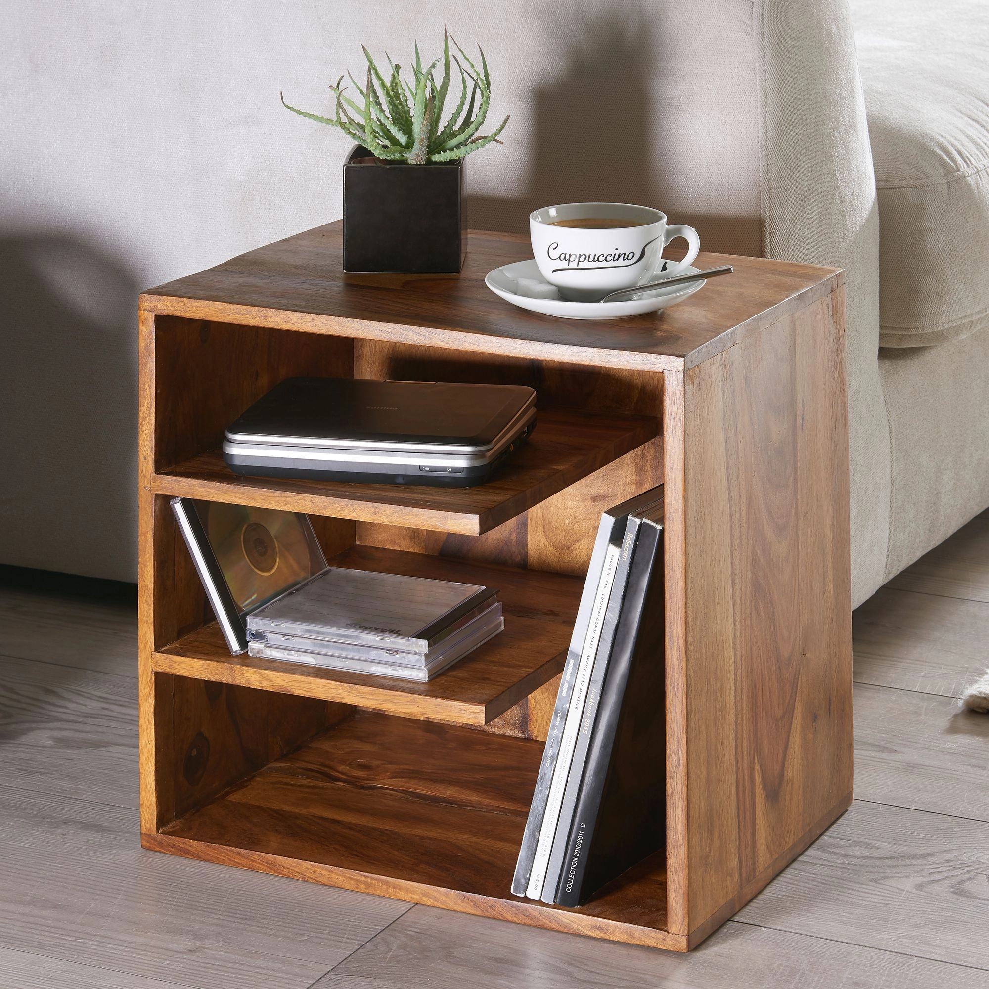 FineBuy Beistelltisch 43x43x30 cm Sheesham Massivholz Design Nachttisch, Kleiner Wohnzimmertisch mit Ablagen, Designer Holztisch massiv, Nachtkonsole Nachtkommode Holz, Anstelltisch modern