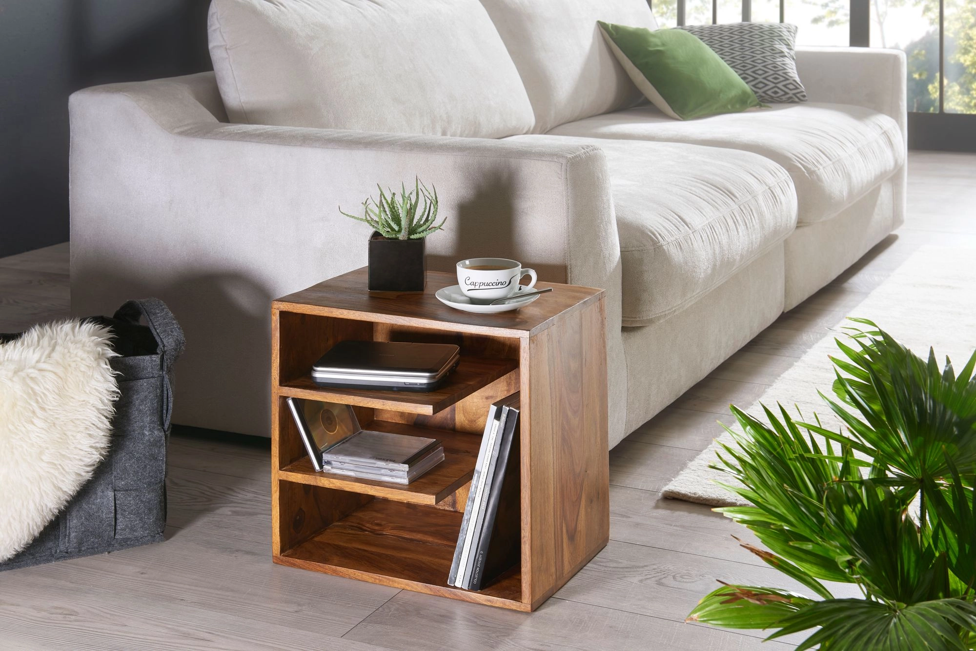 FineBuy Beistelltisch 43x43x30 cm Sheesham Massivholz Design Nachttisch, Kleiner Wohnzimmertisch mit Ablagen, Designer Holztisch massiv, Nachtkonsole Nachtkommode Holz, Anstelltisch modern