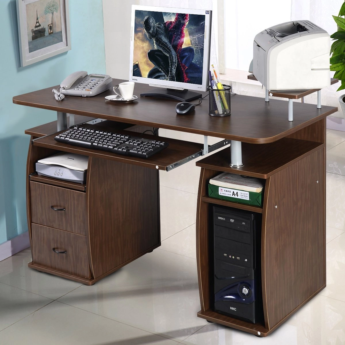 Costway Schreibtisch Computertisch Bürotisch PC Tisch mit Druckerablage,Tastaturauszug-walnut