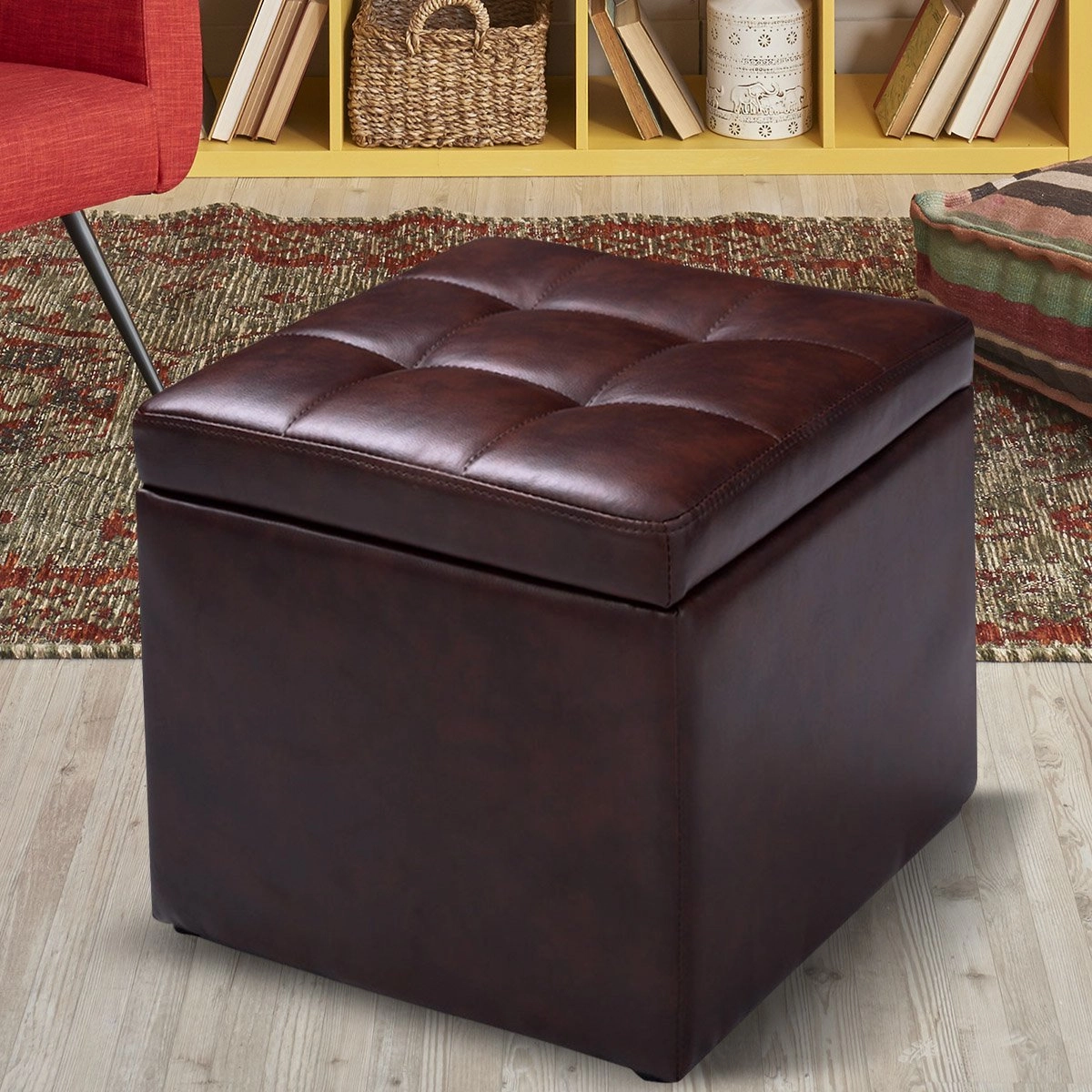 Costway Sitzwürfel Sitzbox Sitzhocker Aufbewahrungsbox Polsterhocker Leder Truhe Hocker-braun