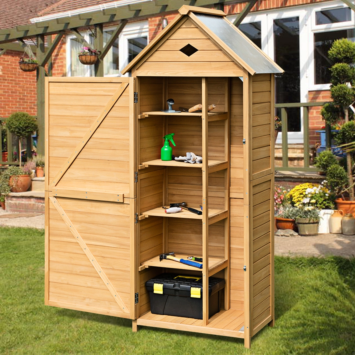 Costway Holz Gartenschrank Gerätehaus Geräteschuppen Geräteschrank 70 x 36 x 177 cm