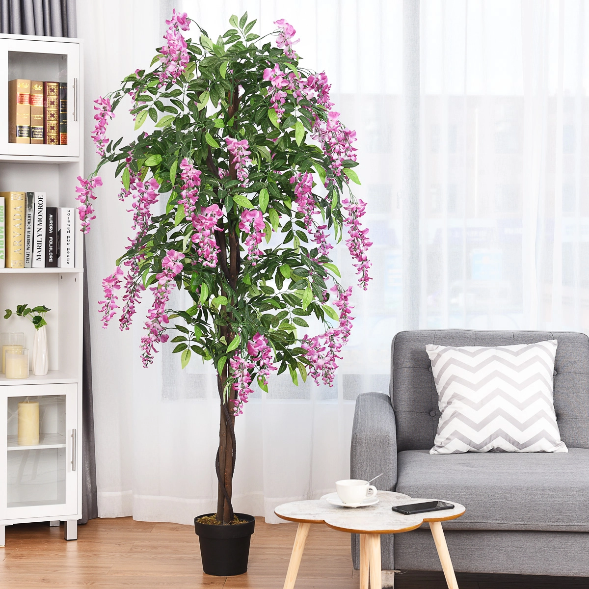 Costway Kunstpflanze Verwendbare Künstliche Palme Kunstbaum 180 cm Rosa