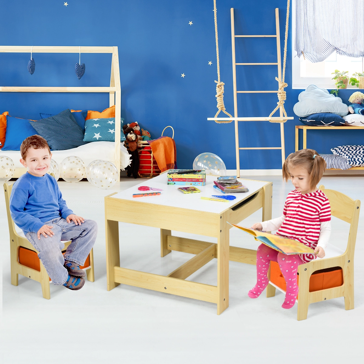 Costway 3 TLG. Kindersitzgruppe Kindermöbel Kindersitzgarnitur Kindertisch mit 2 Stühlen aus Holz 3 in 1 Maltisch