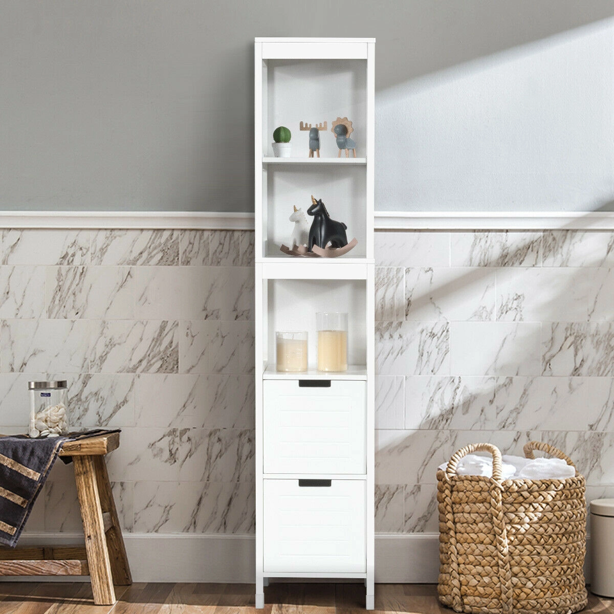 Costway Badezimmer Hochschrank Badhochschrank Badschrank mit 2 Schubladen Holz Weiß 30 x 30 x 144,5 cm