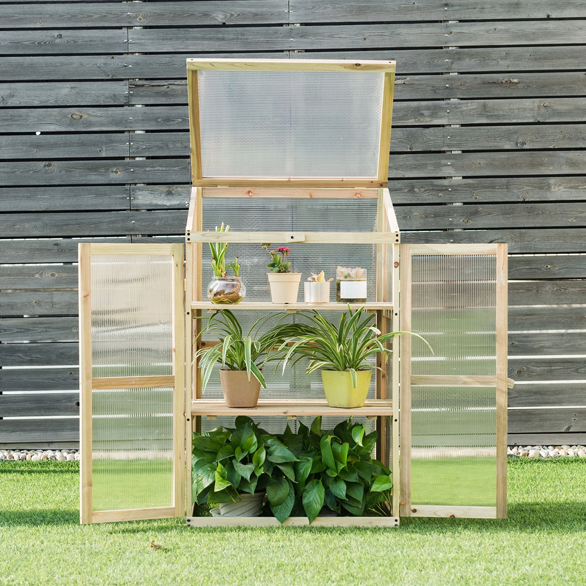 Costway Kleines Kaltgewächshaus aus Holz 3-Ebenen Schutz für Blumenbeete im Garten 60 x 45 x 100 cm