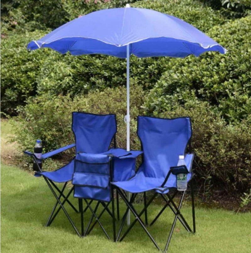 Costway Klappbarer Campingstuhl mit Sonnenschirm für 2 Personen Klappstuhl für Paare Doppel Angelstuhl faltbar mit Getränkehalter Kühltasche Blau
