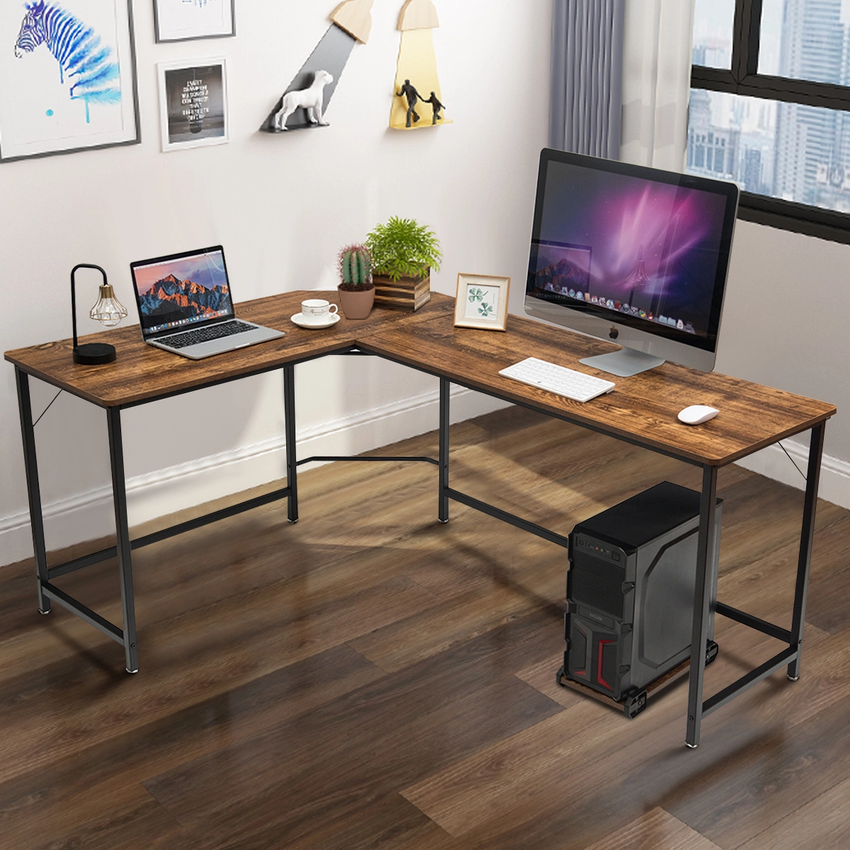 Costway L-Form Computertisch PC Eckschreibtisch Winkelschreibtisch Schwarz/Natur 168 x 125 x 74 cm-Kaffee