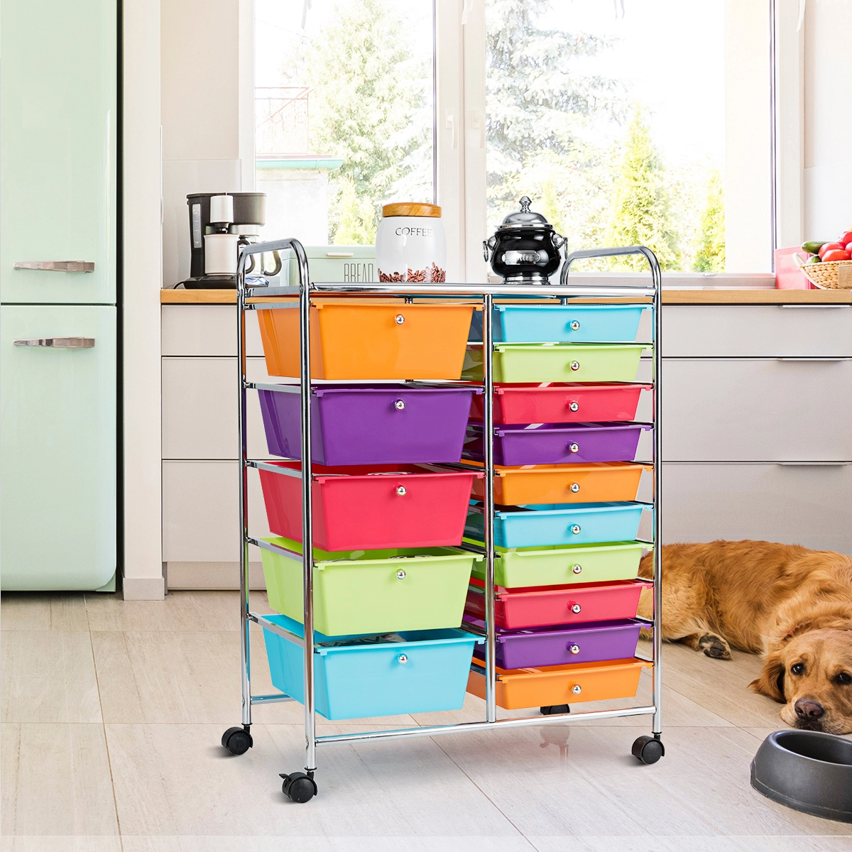 Costway Rollwagen mit 15 stapelbaren Schubladen Rollcontainer Beistellwagen Bunt/Gelb 62,5 x 37 x 87 cm-Bunt