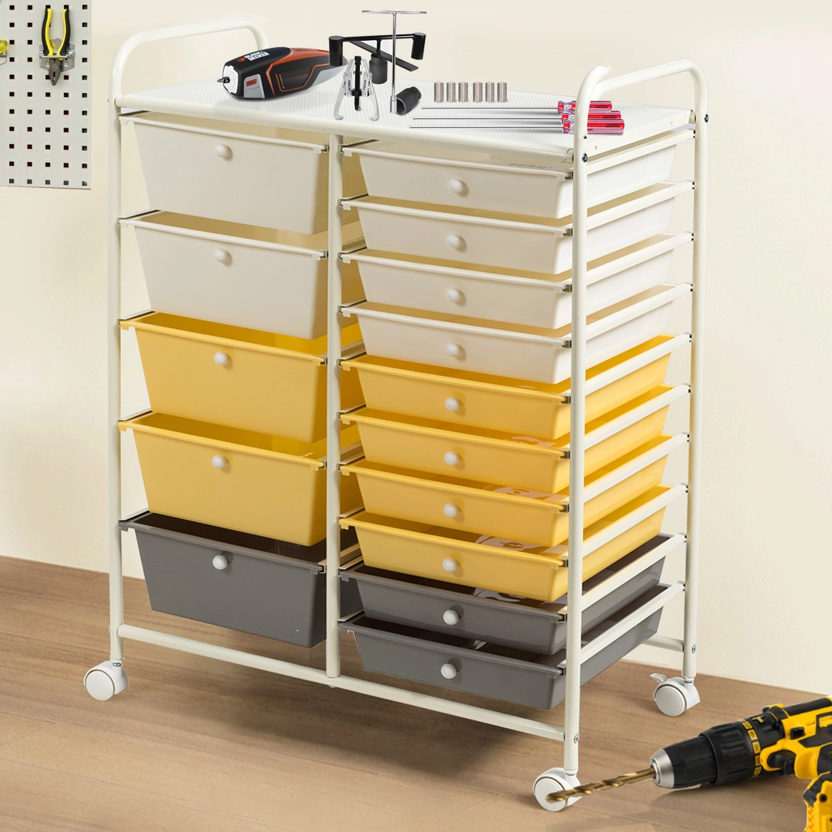 Costway Rollwagen mit 15 stapelbaren Schubladen Rollcontainer BeistellwagenBunt/Gelb 62,5 x 37 x 87 cm-Gelb