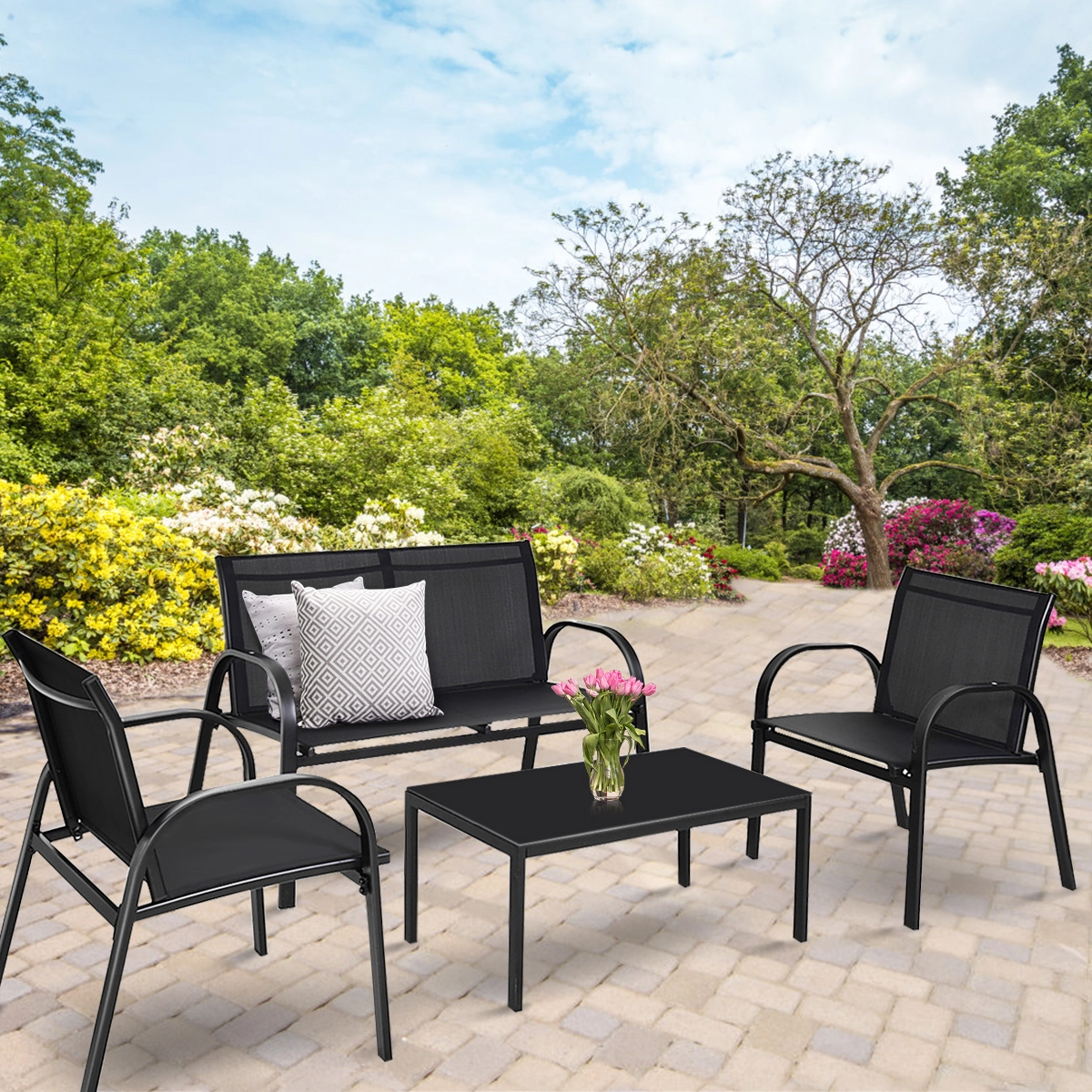 Costway 4-teiliges Terrassenmöbelset Terrassenmöbel Gartenmöbel Garten Lounge Set Sitzgruppe Sitzgarnitur Schwarz