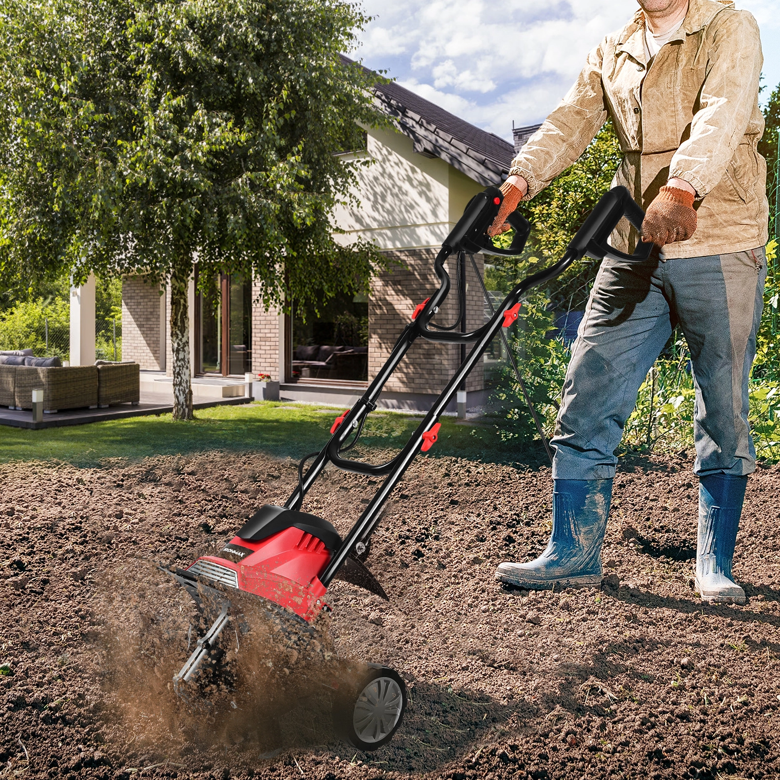 Costway Elektrische Bodenfräse und Grubber Elektro Bodenhacke Bodenfräse Gartenfräse rot und schwarz