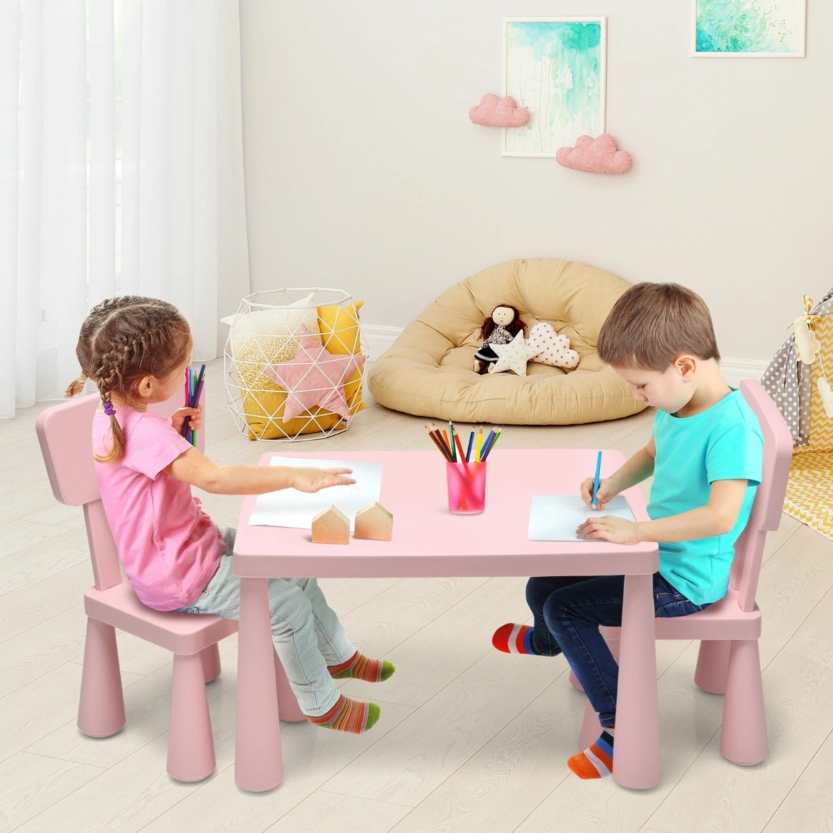 Costway Kindertisch und 2 Stühlen 3 TLG. Kindersitzgruppe Kindermöbel-Set Rosa