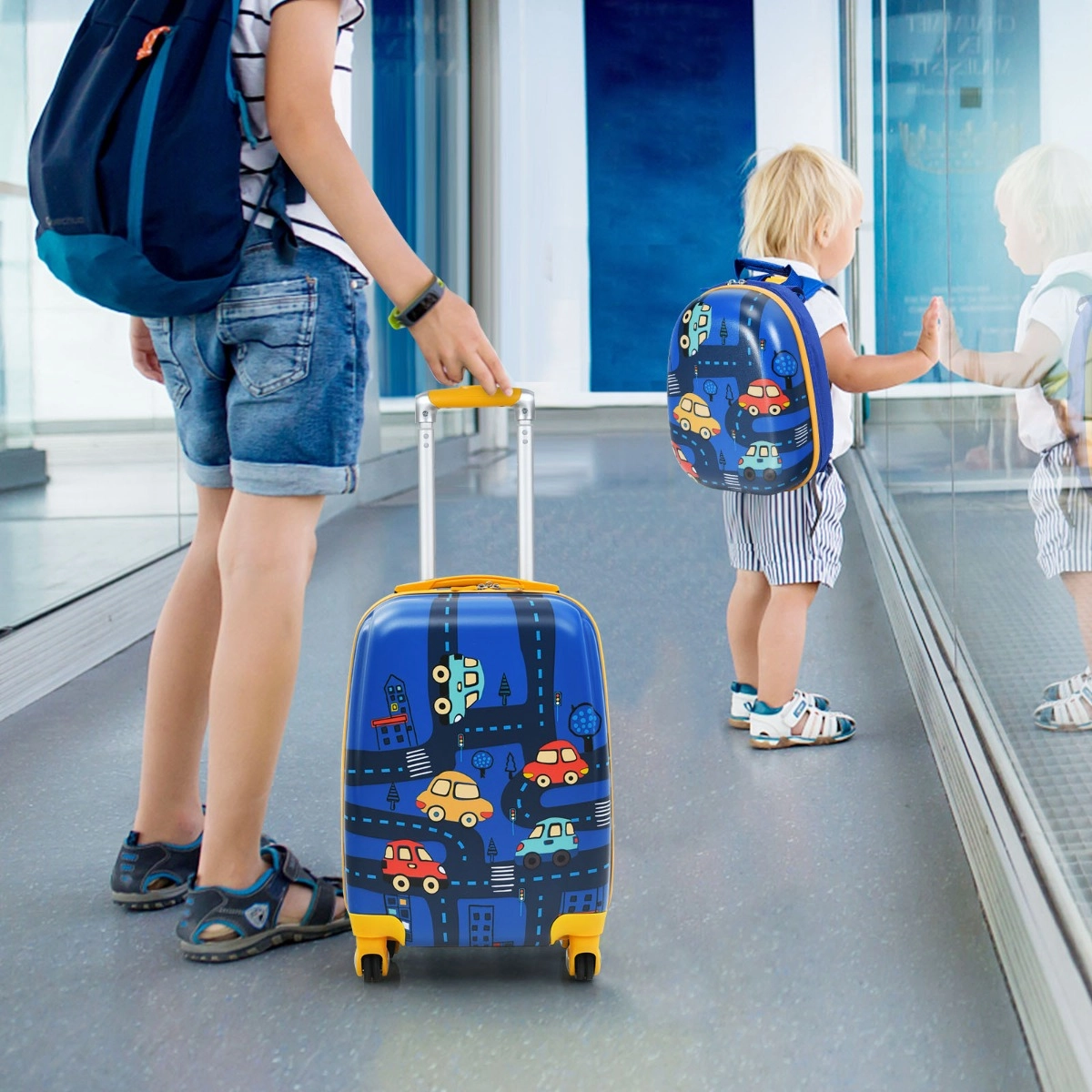 Costway 2-teiliges Kinderkoffer-Set Hartschalenkoffer & Rucksack 33 x 22 x 51 cm Dunkelblau