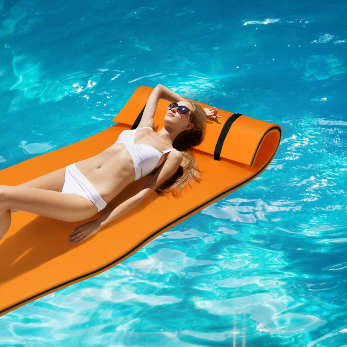 Costway Wasserhängematte Schwimmmatte Schwimmfloß Wasser Bett 220 x 90 x 4 cm Orange+Schwarz