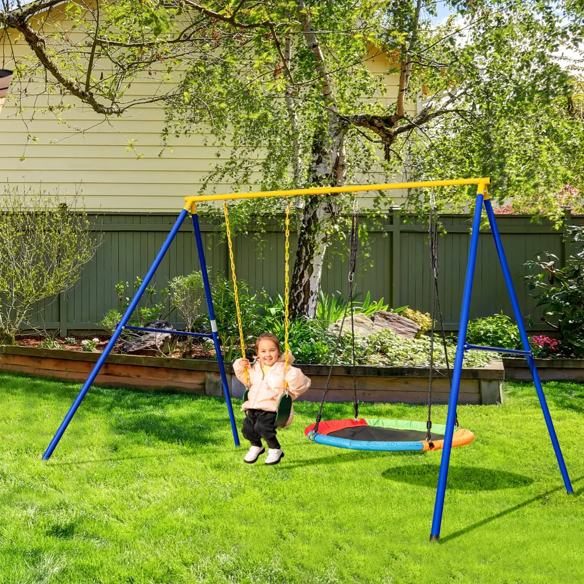 Costway 2-teiliges Schaukel-Set mit verstellbaren Seilen & 2 hängenden Wege für Terrasse Spielplatz Hof Bunt