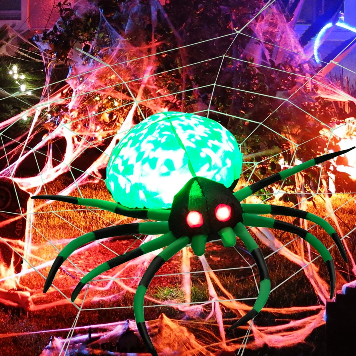 Costway Aufblasbare Halloween-Spinne mit Spinnennetz Spinne mit Rotierendem LED-Licht