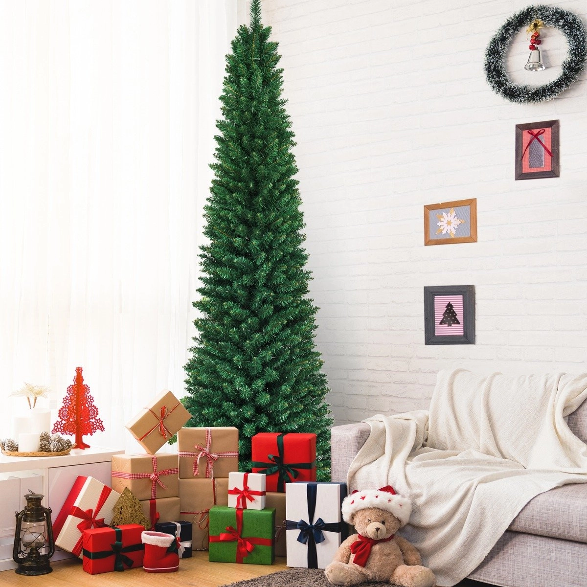 Costway 240 cm Weihnachtsbaum Hochwertige PVC Nadeln Künstlicher Bleistift-Förmiger Weihnachtsbaum Grün