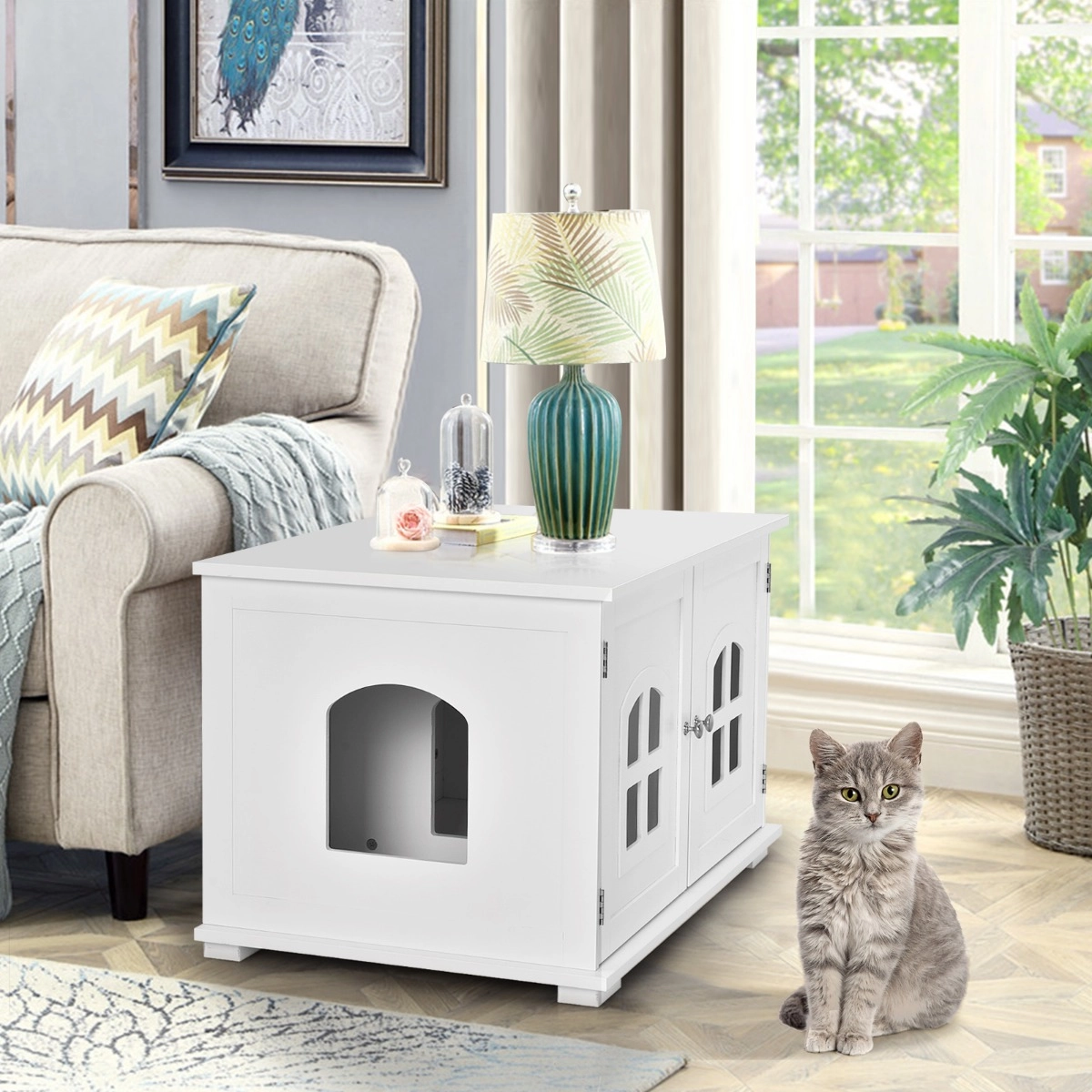 Costway Katzentoilettengehäuse Katzenhaus mit Doppeltüren und Fenstern Dekorative Katzentoilette
