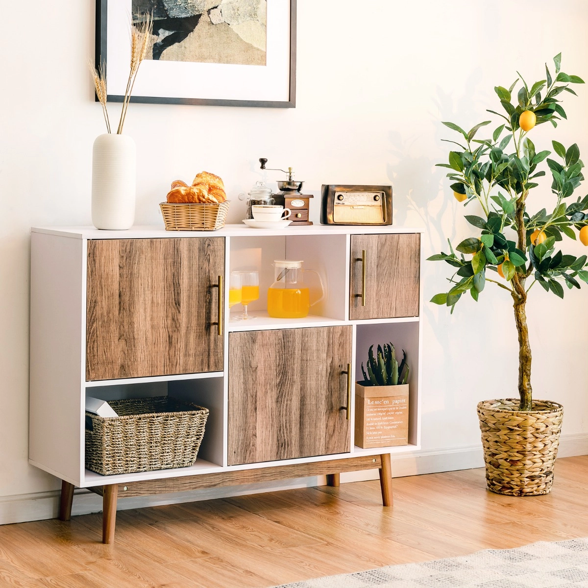 Costway Sideboard Standregal Kommode Mehrzweck Schrank 95 x 31 x 76 cm Weiß + Kaffeebraun